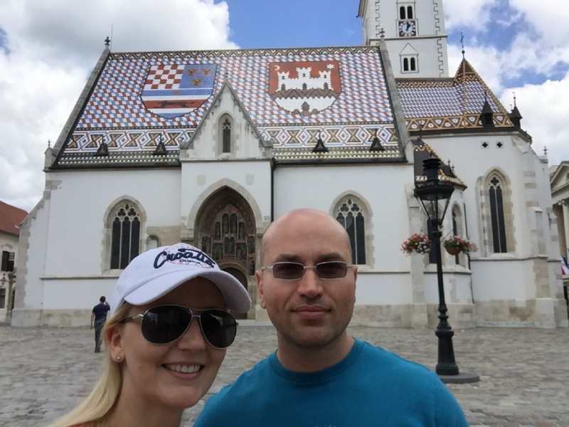couple in front of a church in Zagreb
