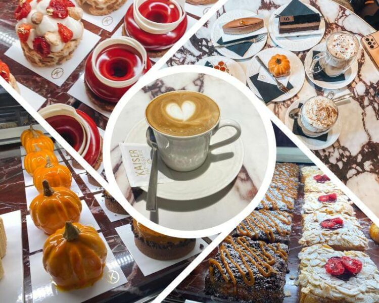 Collage of pastries and coffee at kaiser partisserie