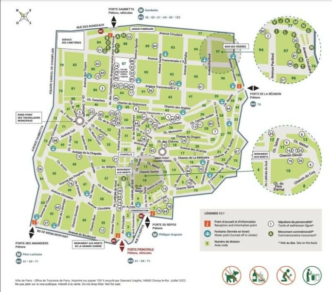 Map of the Père Lachaise cemetery in Paris 